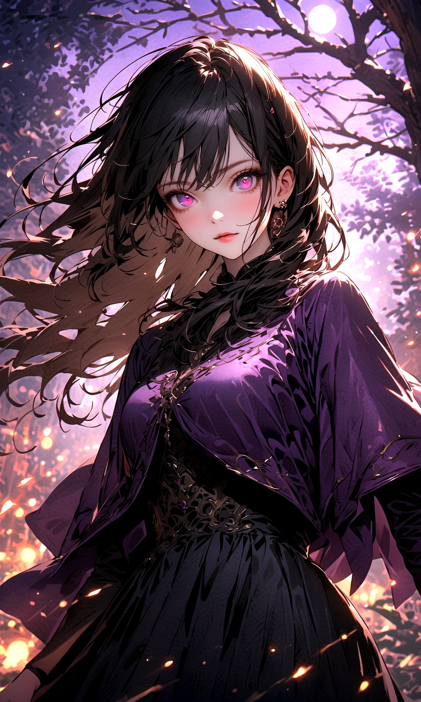 female (mage, age of 29, long hair, black hair, floating hair, dark colored eyes, black and purple robes, pale skin, mysterious face, piercing eyes) is invoking shadows), (shadows swirling around), beautiful dark forest scene, twisted trees and eerie atmosphere, summery twilight glow, (mist and dark particles floating in the air, creating a haunting effect), the noonday moon and stars visible, female is in a shadowy forest, BREAK, quality ( 8k, wallpaper of extremely detailed CG unit, masterpiece, high resolution, top-quality, top-quality real texture skin, hyper-realistic, increase the resolution, RAW photos, best quality, highly detailed, the wallpaper, cinematic lighting, ray trace, golden ratio), BREAK, Shot( Long shot, wide shot), BREAK, background(blurry)