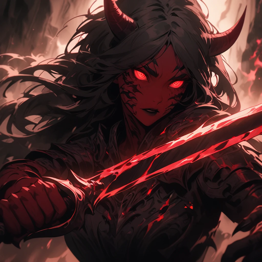 wolfwoman, hell, red, villain action, 1girl, detailed face, detailed eyes, detailed lips, detailed eyebrows, long hair, horns, claws, glowing red eyes, demonic expression, red skin, body armor, wielding sword, dramatic lighting, dark fantasy, cinematic, moody, high contrast, muted colors, dramatic pose, action