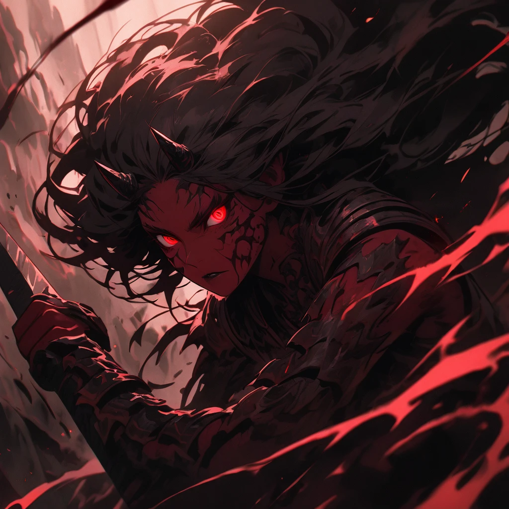wolfwoman, hell, red, villain action, 1girl, detailed face, detailed eyes, detailed lips, detailed eyebrows, long hair, horns, claws, glowing red eyes, demonic expression, red skin, body armor, wielding sword, dramatic lighting, dark fantasy, cinematic, moody, high contrast, muted colors, dramatic pose, action