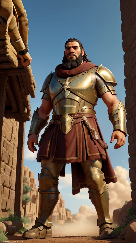 a towering giant goliath in shining bronze armor,challenging the great israelite army on a battlefield,israelite soldiers watching in fear and surprise,(best quality,4k,8k,highres,masterpiece:1.2),ultra-detailed,realistic,photorealistic,photo-realistic:1.37,HDR,UHD,studio lighting,ultra-fine painting,sharp focus,physically-based rendering,extreme detail description,professional,vivid colors,fantasy,epic battle scene,dramatic lighting,heroic,cinematic composition