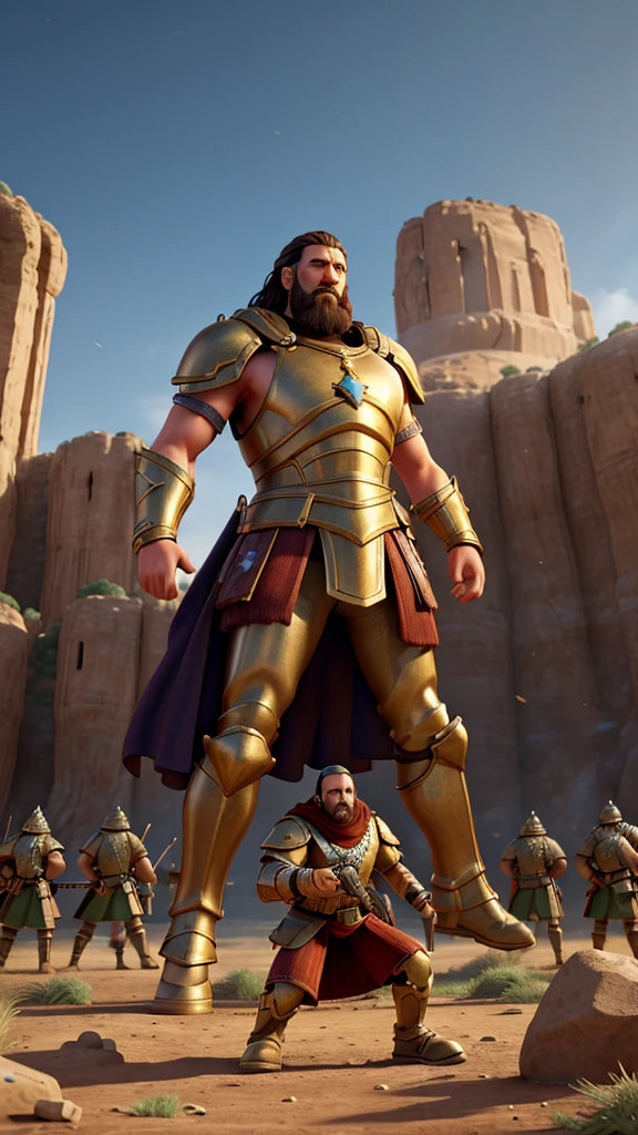 a towering giant goliath in shining bronze armor,challenging the great israelite army on a battlefield,israelite soldiers watching in fear and surprise,(best quality,4k,8k,highres,masterpiece:1.2),ultra-detailed,realistic,photorealistic,photo-realistic:1.37,HDR,UHD,studio lighting,ultra-fine painting,sharp focus,physically-based rendering,extreme detail description,professional,vivid colors,fantasy,epic battle scene,dramatic lighting,heroic,cinematic composition