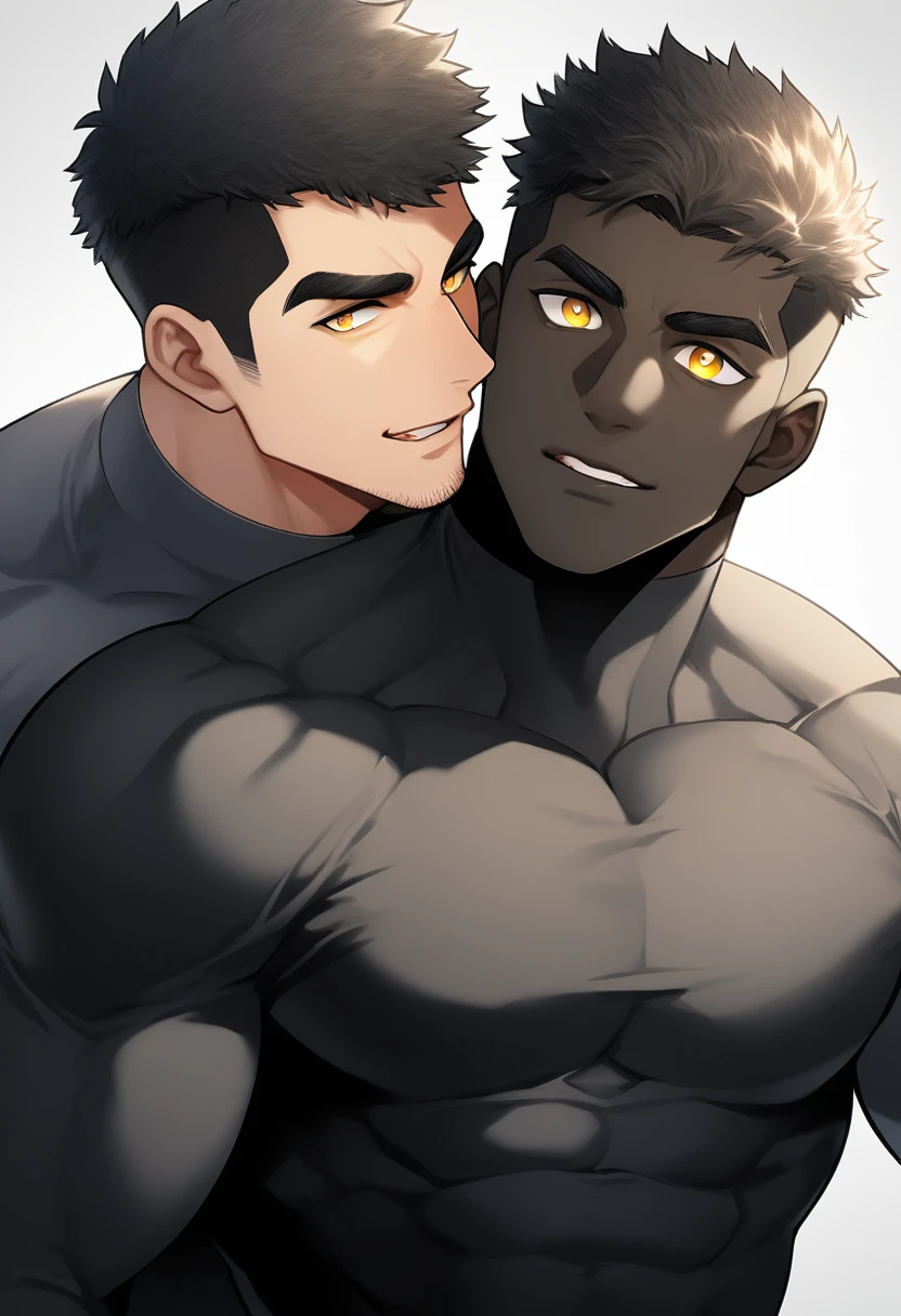 anime characters：Two superheroes in tights, Muscle superhero, negro black skin, They hugged and kissed each other, Bite your neck, Caress, Manliness, male focus, Yellow and black high collar long sleeve tight T-shirt, Slightly transparent material, Very tight, Round, full and perky chest muscles, Male dog waist, Slightly transparent, muscular male, muscular, only, Upper body, alone, Black short hair, Thick eyebrows, stubble, Yellow eyes, Grey background, simple background, amazing quality, best aesthetics, Ridiculous, bright pupils, crew cut, parted lips, seductive smile, torogao, naughty face, drop shadow, best quality