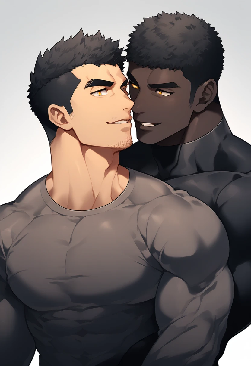anime characters：Two superheroes in tights, Muscle superhero, negro black skin, They hugged and kissed each other, Bite your neck, Caress, Manliness, male focus, Yellow and black high collar long sleeve tight T-shirt, Slightly transparent material, Very tight, Round, full and perky chest muscles, Male dog waist, Slightly transparent, muscular male, muscular, only, Upper body, alone, Black short hair, Thick eyebrows, stubble, Yellow eyes, Grey background, simple background, amazing quality, best aesthetics, Ridiculous, bright pupils, crew cut, parted lips, seductive smile, torogao, naughty face, drop shadow, best quality