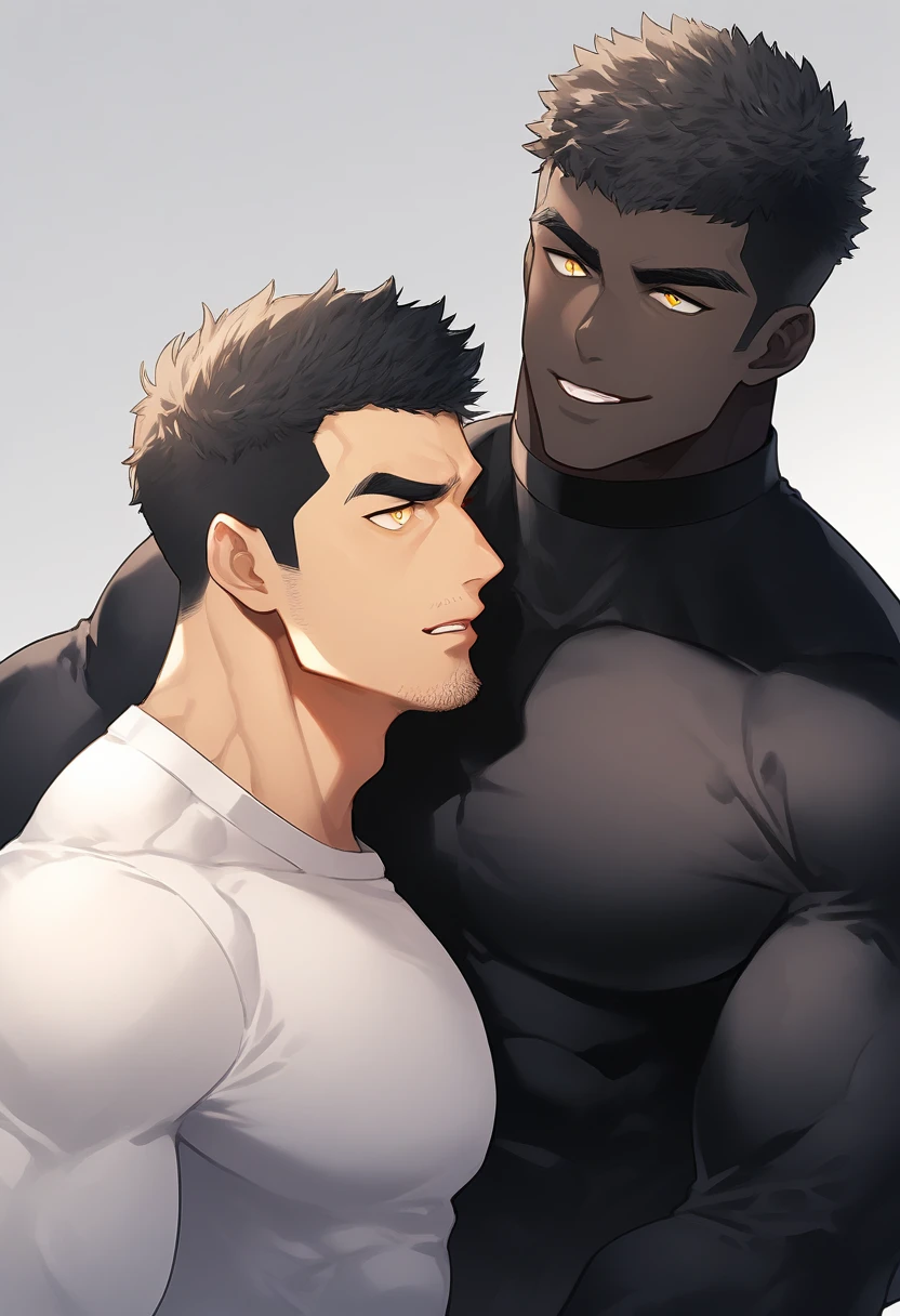 anime characters：Two superheroes in tights, Muscle superhero, negro black skin, They hugged and kissed each other, Bite your neck, Caress, Manliness, male focus, Yellow and black high collar long sleeve tight T-shirt, Slightly transparent material, Very tight, Round, full and perky chest muscles, Male dog waist, Slightly transparent, muscular male, muscular, only, Upper body, alone, Black short hair, Thick eyebrows, stubble, Yellow eyes, Grey background, simple background, amazing quality, best aesthetics, Ridiculous, bright pupils, crew cut, parted lips, seductive smile, torogao, naughty face, drop shadow, best quality