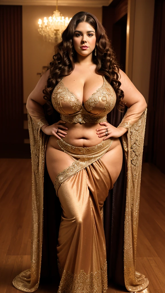 Elegant BBW woman, 8K, professional quality with a tall, curvy figure and deep cleavage chest. Full-length shot in a detailed saree, glowing chest, long curly hair, and intricate facial features. Standing pose, looking at the camera.