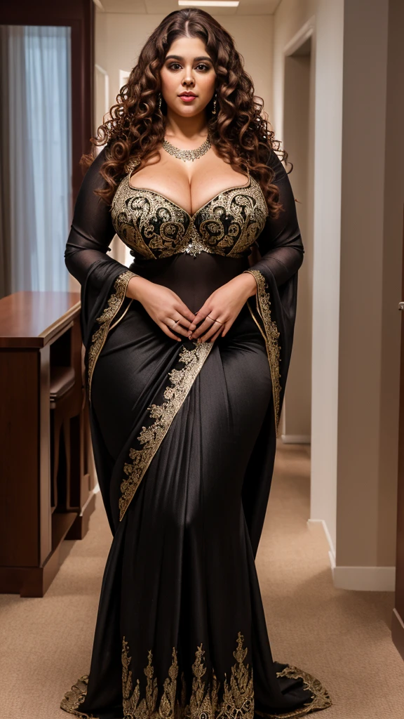 Elegant BBW woman, 8K, professional quality with a tall, curvy figure and deep cleavage chest. Full-length shot in a detailed saree, glowing chest, long curly hair, and intricate facial features. Standing pose, looking at the camera.