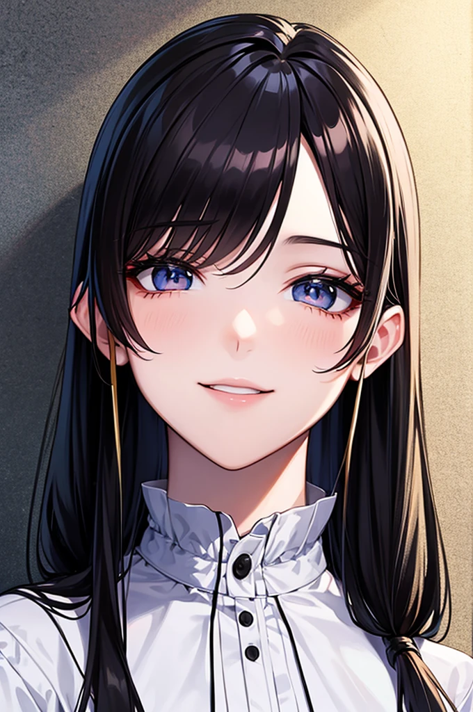 masterpiece, Highest quality, {Highest quality}, {{masterpiece}}, {High resolution}, concentrated, Anime Style, Girl Design,  Portraiture,  Long Hair, Black Hair, Different Eyes, Hair covering the ears, Happy, Sophisticated and powerful appearance, exotic,  smile  