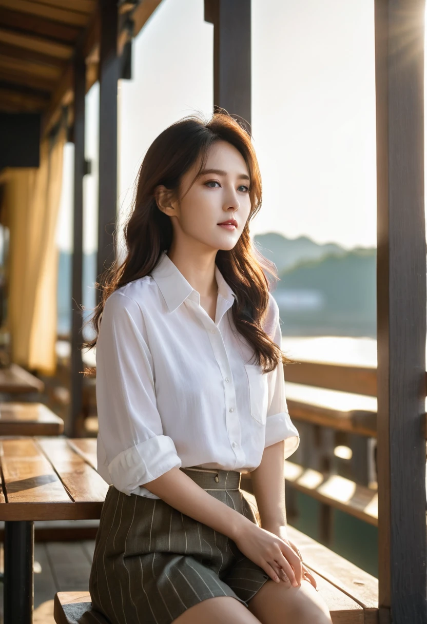 natural daily white sleevless shirt korean girl in the Morning rise, warm sunlight, a morning by the dock, sittting at outdoor cafe, big windows, cozy atmosphere, person in the bacground, depth of fields, Nikon z6 RAW image, playing with shadow, playing with lighting, rim light, hair light. back light, shadow,
