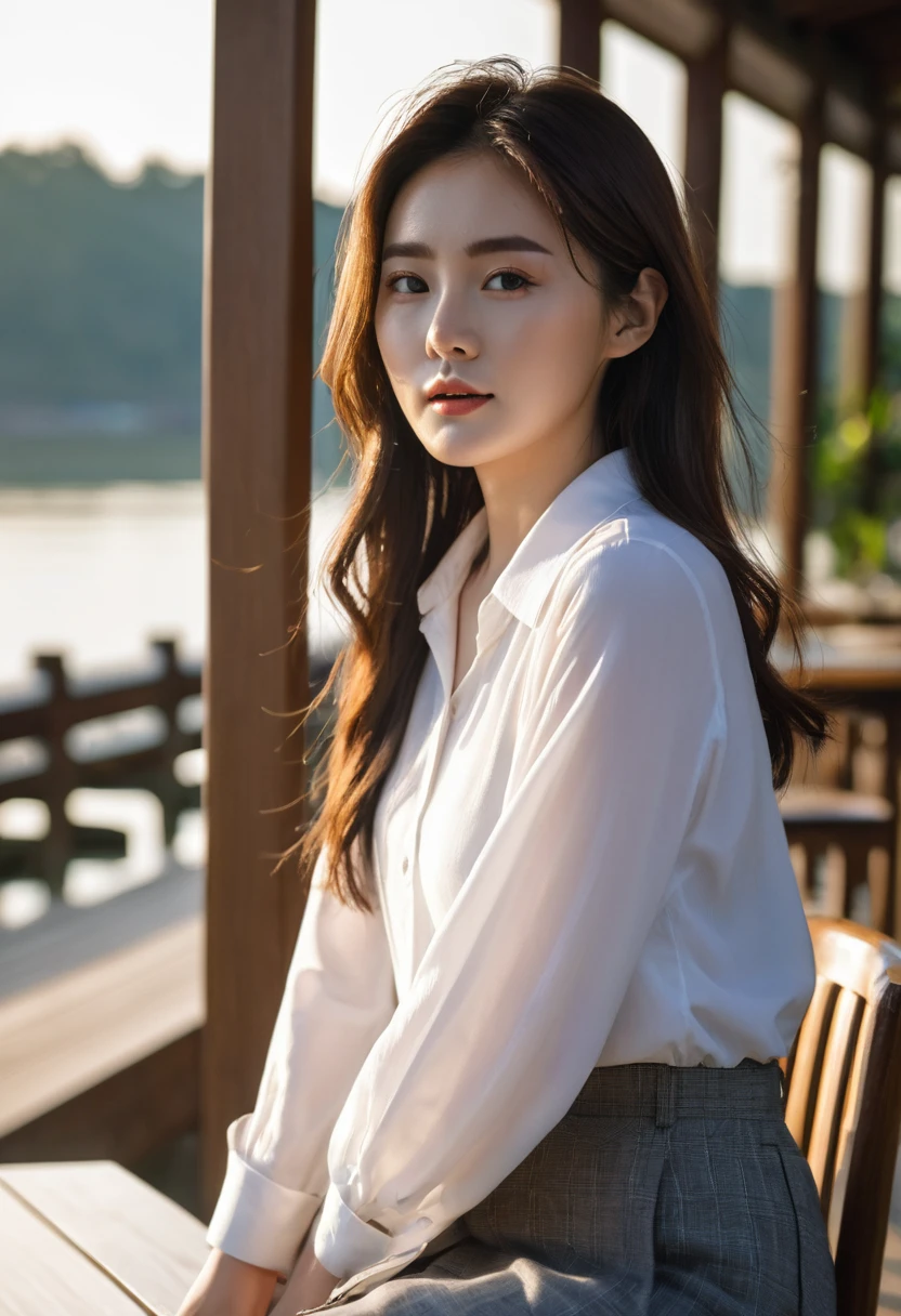 natural daily white sleevless shirt korean girl in the Morning rise, warm sunlight, a morning by the dock, sittting at outdoor cafe, big windows, cozy atmosphere, person in the bacground, depth of fields, Nikon z6 RAW image, playing with shadow, playing with lighting, rim light, hair light. back light, shadow,