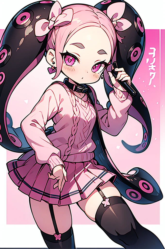 Insanely detailed super accurate anime illustration,pink sweater with vertical lines,
black pleated skirt,
earrings,garter belt,
black knee socks,pink twintails, pink skirt, collar, bow, black thighhighs, black footwear,
splatoon's octoling,octopus girl,forehead,