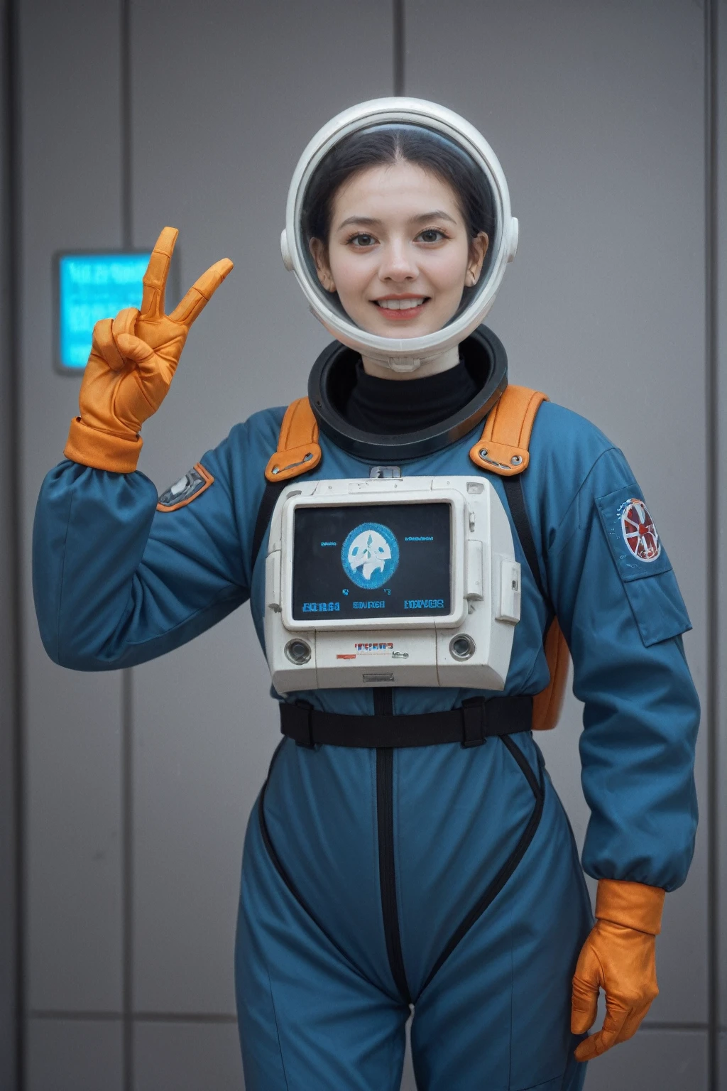 realistic,score_9, score_8_up, score_7_up,
1girl, solo, film analog photography, biometric monitoring spacesuit, health-focused armor, biometric sensors, real-time vital sign tracking, medical data, EVA mobility spacesuit, EVA gear, spacewalks, joint mobility enhancement, tool attachment points, space-related tasks, Give a V victory sign,
