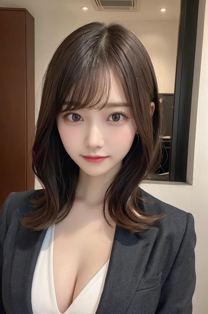 (8k, RAW photo, top quality, masterpiece: 1.2), (realistic, photorealistic: 1.37), ultra detail, ultra high resolution, one girl, beholder, beautiful detailed face, smile, constriction, (slim waist): 1.3), beautiful detailed skin, skin texture, floating hair, professional lighting, Japanese beautiful girl, long hair, bob cut, beautiful hair, 16 years old, attractive breasts, (huge breasts:1.2), beautiful shape breasts, full body from toes to head, standing, Shift gaze away, gaze into the distance, natural color hair, color inner hair, office staff suit, business suit