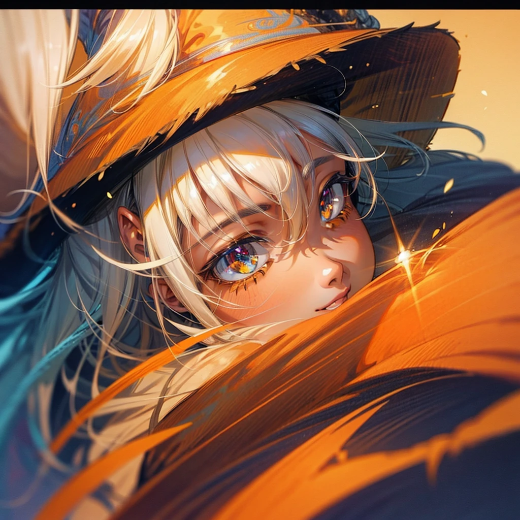 a 10 year old boy with fluffy white hair,orange wizard cloak,orange wizard hat,white tie,cute happy face,beautiful detailed eyes,beautiful detailed lips,extremely detailed eyes and face,long eyelashes,smiling,whimsical,fantasy,illustration,digital art,cinematic lighting,vibrant colors,highly detailed,masterpiece,photorealistic,8k