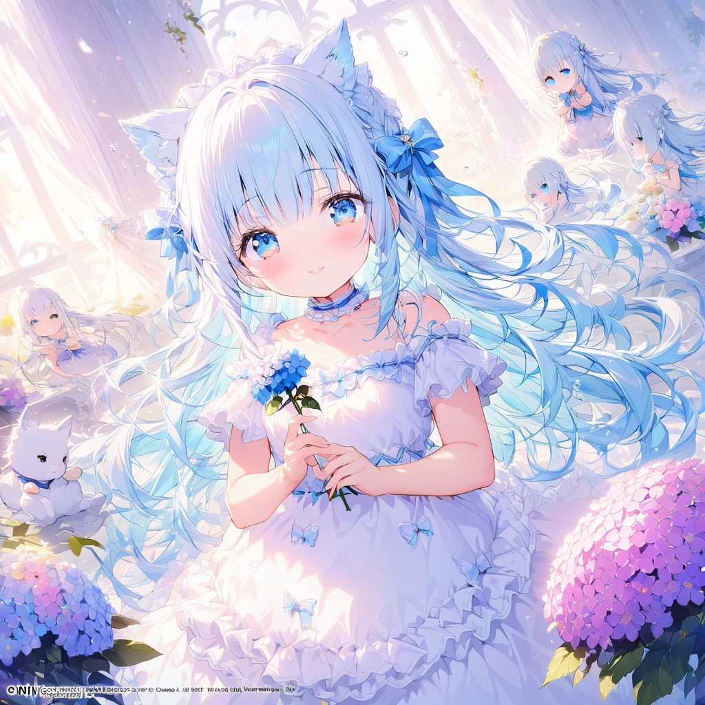 masterpiece, Highest quality, Very detailed, (figure, Official Art:1.1),Adorable face、 1 Girl ,(((( light blue Long Hair)))),Light blue hair,, Long Hair ((blush)) , Cute face, Big eyes, masterpiece, Highest quality,(((((Very delicate and beautiful girl))))),wonderful,Beautiful attention to detail,blunt bangs((((Little Delicate Girl)))),puppet(Truly beautiful:1.2), Depth,Dynamic Angle,,,, Loving smile, (Truly beautiful:1.2),,(tiny One girl model:1.2),)(平らなchest)、(masterpiece,8k wallpaper, Highest quality),(Best lighting, Best Shadow, Very delicate and beautiful),
flower,One girl,white flower,blue flower,Long Hair,Hydrangea,alone,

bubble,dress,purple flower,Yuri \(flower\),
rainbow,
Bare shoulders,Part your lips,Water Drop,animal,clavicle,blue eyes,very Long Hair,Off the shoulder,
white dress,air bubble,View your viewers,bangs,Braiding,pink flower,holding flower,Short sleeve,chest,Hair between the eyes,bow,Puffy sleeves,
off-shoulder dress,blue bow,puffy Short sleeve,
Lolita Fashion,frilled dress,Blue frilly choker,