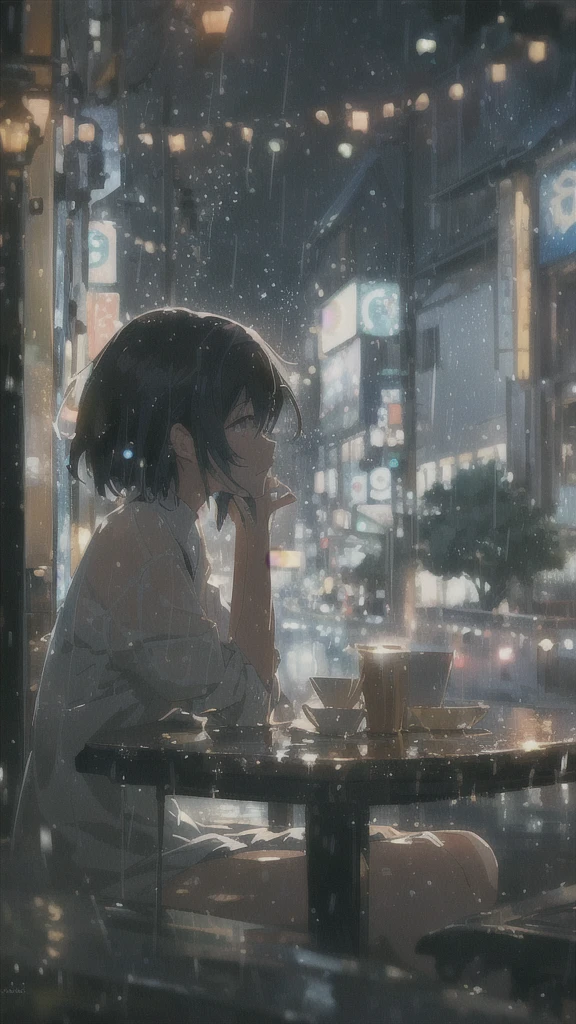 anime girl sitting at a table in the rain, reflections. by makoto shinkai, gloomy. by makoto shinkai, lofi girl, artwork in the style of guweiz, lofi portrait, digital art ilya kuvshinov, anime art wallpaper 4k, anime art wallpaper 4 k, ( ( makoto shinkai ) )