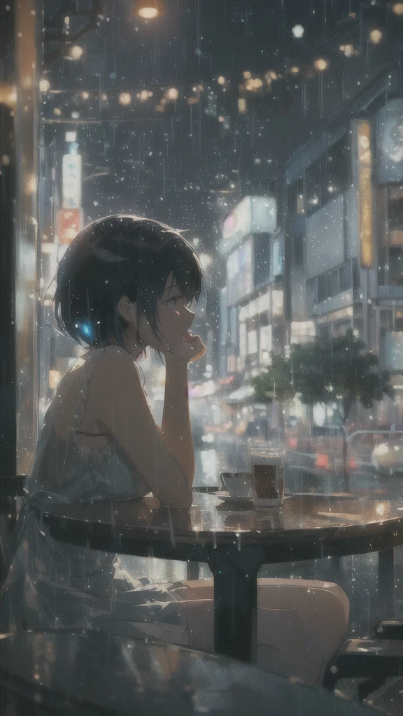 anime girl sitting at a table in the rain, reflections. by makoto shinkai, gloomy. by makoto shinkai, lofi girl, artwork in the style of guweiz, lofi portrait, digital art ilya kuvshinov, anime art wallpaper 4k, anime art wallpaper 4 k, ( ( makoto shinkai ) )