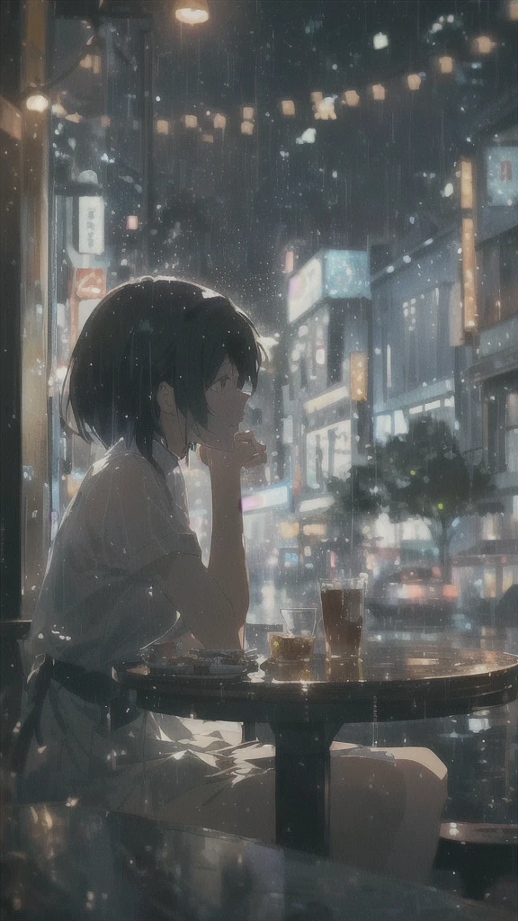 anime girl sitting at a table in the rain, reflections. by makoto shinkai, gloomy. by makoto shinkai, lofi girl, artwork in the style of guweiz, lofi portrait, digital art ilya kuvshinov, anime art wallpaper 4k, anime art wallpaper 4 k, ( ( makoto shinkai ) )