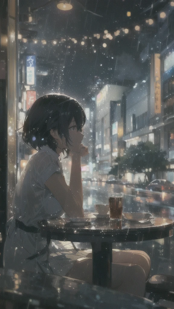 anime girl sitting at a table in the rain, reflections. by makoto shinkai, gloomy. by makoto shinkai, lofi girl, artwork in the style of guweiz, lofi portrait, digital art ilya kuvshinov, anime art wallpaper 4k, anime art wallpaper 4 k, ( ( makoto shinkai ) )