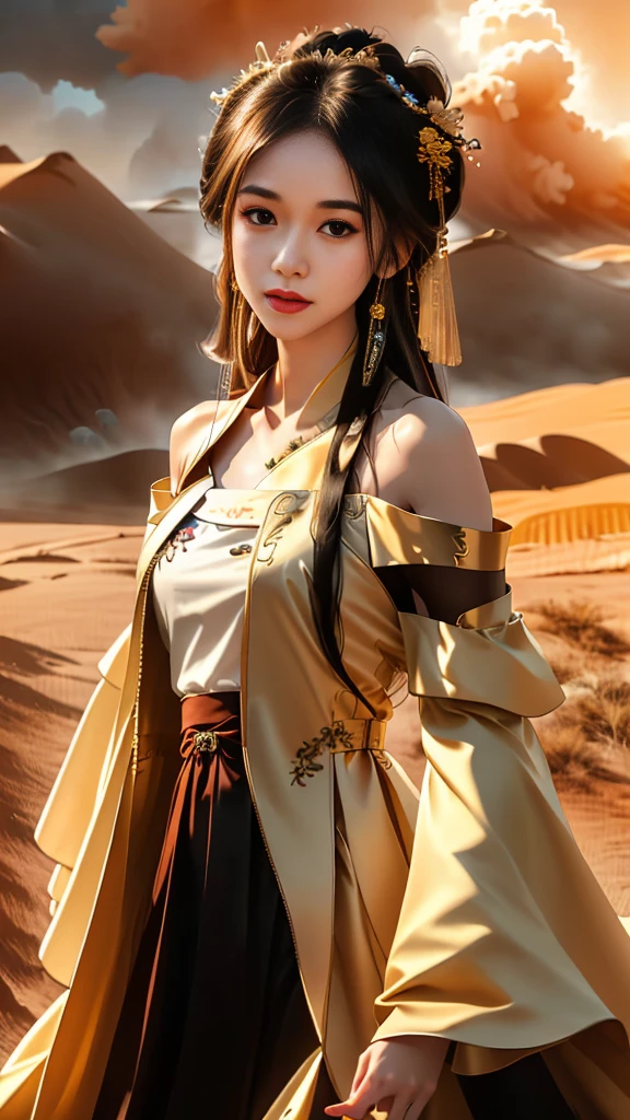 Girl in traditional Chinese clothing, Hanfu, Guzhen Hanfu women, White Hanfu,(long straight black hair:1.5), black eyes, black bun hairstyle, hair accessories ,gold long earrings, , Dia Necklace, Clear eyes, Facing forward,put on makeup, Long eyelashes ,(black long shoulder coat:1.8), (Very long skirt, black:1.5), ((Whole body covering)), Clear face, hair accessoriesจำนวนมาก , (Very beautiful face, Beautiful mouth, beautiful eyes), detailed face, ((Ultra-fine skin)), In the dark, deep shadows, an ancient Chinese girl (Very slim figure 1.3) ,Plump breasts, elegant posture , There is a red flower spot on the forehead. , pointing at the camera, (desert storm:1.9),(nighttime:1.2) , There is a beam of light, the belly coming out of the body.