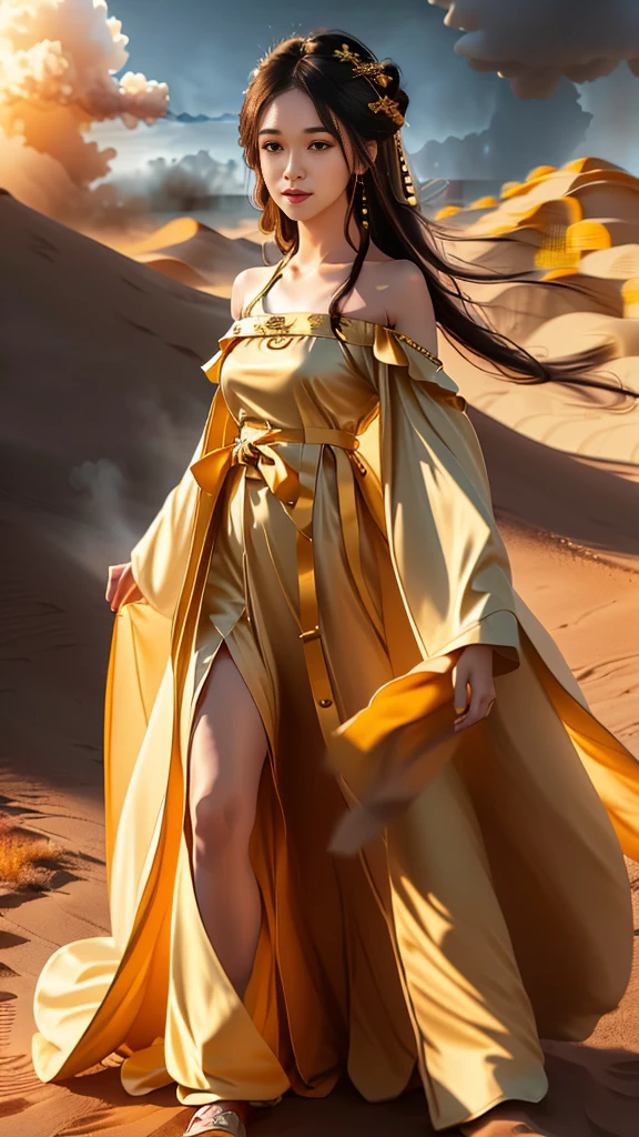 Girl in traditional Chinese clothing, Hanfu, Guzhen Hanfu women, White Hanfu,(long straight black hair:1.5), black eyes, black bun hairstyle, hair accessories ,gold long earrings, , Dia Necklace, Clear eyes, Facing forward,put on makeup, Long eyelashes ,(black long shoulder coat:1.8), (Very long skirt, black:1.5), ((Whole body covering)), Clear face, hair accessoriesจำนวนมาก , (Very beautiful face, Beautiful mouth, beautiful eyes), detailed face, ((Ultra-fine skin)), In the dark, deep shadows, an ancient Chinese girl (Very slim figure 1.3) ,Plump breasts, elegant posture , There is a red flower spot on the forehead. , pointing at the camera, (desert storm:1.9),(nighttime:1.2) , There is a beam of light, the belly coming out of the body.