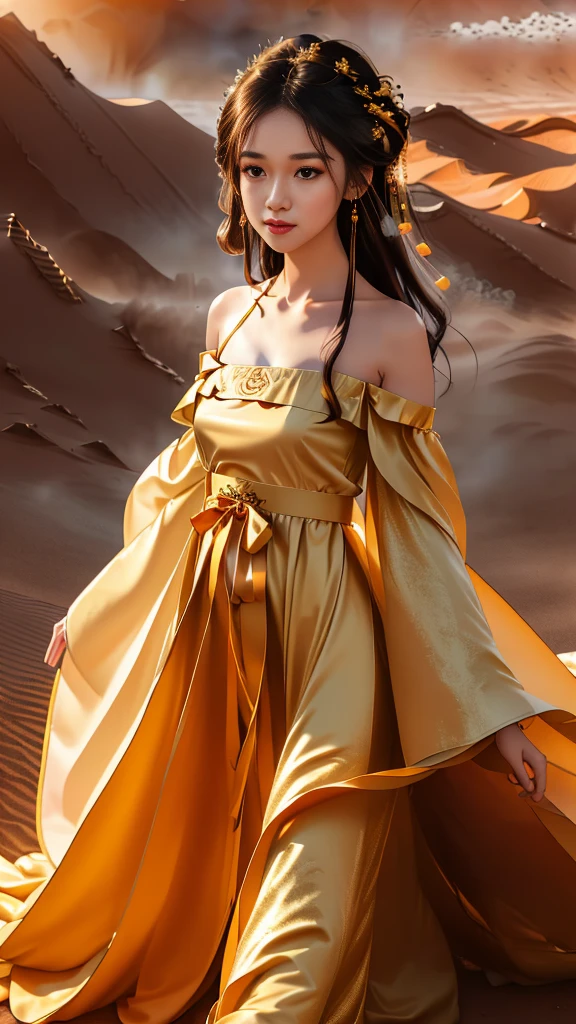Girl in traditional Chinese clothing, Hanfu, Guzhen Hanfu women, White Hanfu,(long straight black hair:1.5), black eyes, black bun hairstyle, hair accessories ,gold long earrings, , Dia Necklace, Clear eyes, Facing forward,put on makeup, Long eyelashes ,(black long shoulder coat:1.8), (Very long skirt, black:1.5), ((Whole body covering)), Clear face, hair accessoriesจำนวนมาก , (Very beautiful face, Beautiful mouth, beautiful eyes), detailed face, ((Ultra-fine skin)), In the dark, deep shadows, an ancient Chinese girl (Very slim figure 1.3) ,Plump breasts, elegant posture , There is a red flower spot on the forehead. , pointing at the camera, (desert storm:1.9),(nighttime:1.2) , There is a beam of light, the belly coming out of the body.