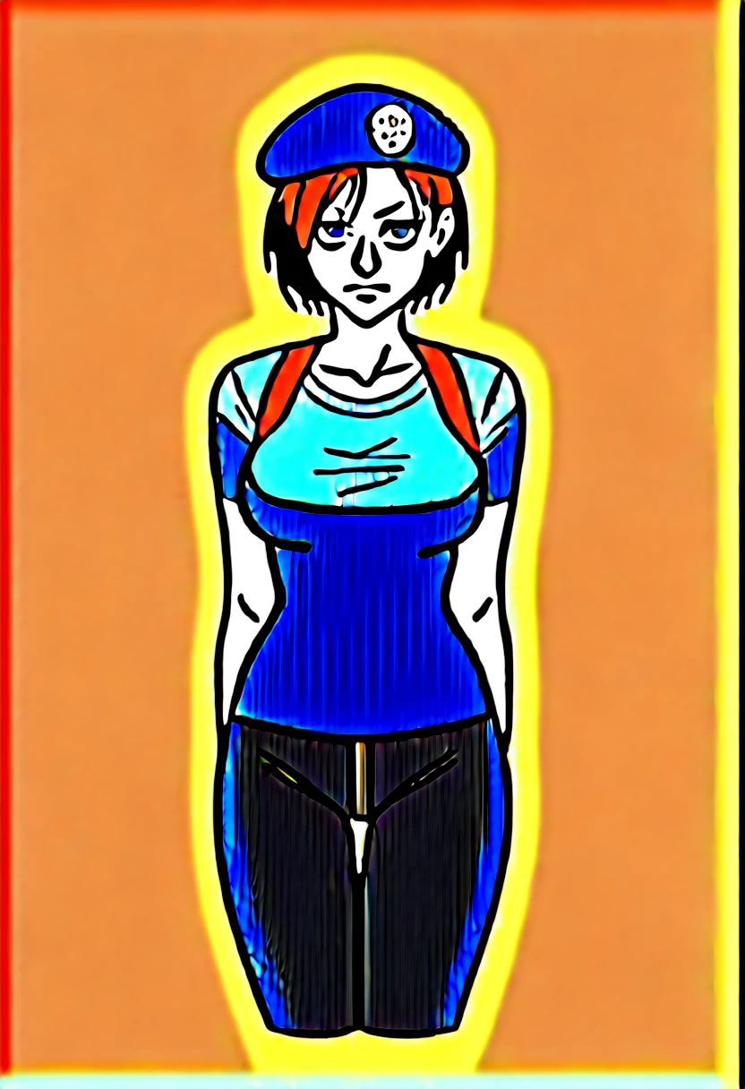 character: Jill Valentine in chibi style.
outfit: His iconic uniform "Resident Evil" (beret azul, Light blue shirt, dark pants).
expression: An expression of surprise or bewilderment.
Sandwich Transformation:
pan: A soft white bread on top and bottom.
Stuffed: Jill would be between two slices of bread, with its head and limbs protruding. You could add items like lettuce and tomato to make the sandwich more obvious..
Additional details: A small sign next to it that says "We almost had a Jill sandwich!!" with an arrow pointing at Jill.
composition:
bottom: A simple environment, perhaps with a Resident Evil laboratory setting or a neutral background to highlight the character.
Color palette: vibrant and saturated colors, typical chibi style.