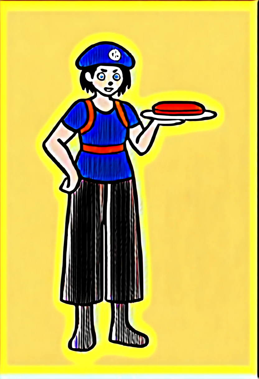 character: Jill Valentine in chibi style.
outfit: His iconic uniform "Resident Evil" (beret azul, Light blue shirt, dark pants).
expression: An expression of surprise or bewilderment.
Sandwich Transformation:
pan: A soft white bread on top and bottom.
Stuffed: Jill would be between two slices of bread, with its head and limbs protruding. You could add items like lettuce and tomato to make the sandwich more obvious..
Additional details: A small sign next to it that says "We almost had a Jill sandwich!!" with an arrow pointing at Jill.
composition:
bottom: A simple environment, perhaps with a Resident Evil laboratory setting or a neutral background to highlight the character.
Color palette: vibrant and saturated colors, typical chibi style.