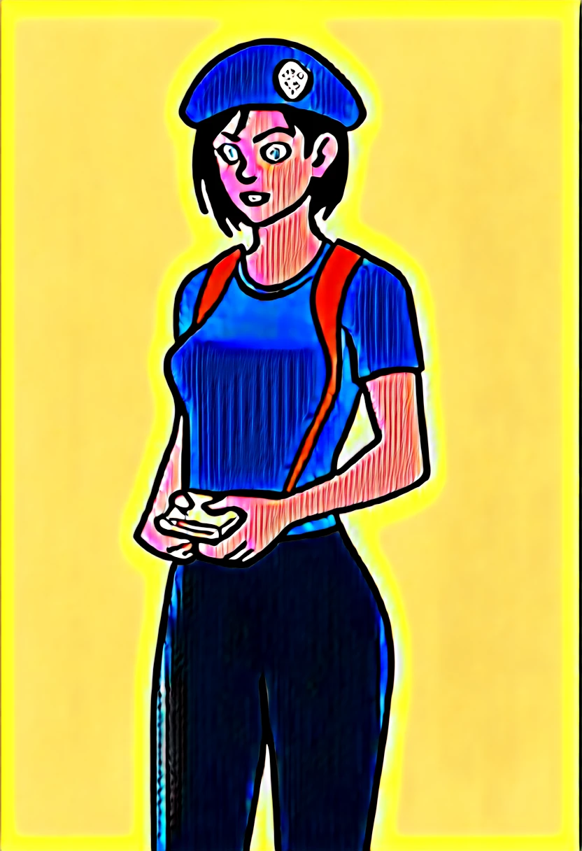 character: Jill Valentine in chibi style.
outfit: His iconic uniform "Resident Evil" (beret azul, Light blue shirt, dark pants).
expression: An expression of surprise or bewilderment.
Sandwich Transformation:
pan: A soft white bread on top and bottom.
Stuffed: Jill would be between two slices of bread, with its head and limbs protruding. You could add items like lettuce and tomato to make the sandwich more obvious..
Additional details: A small sign next to it that says "We almost had a Jill sandwich!!" with an arrow pointing at Jill.
composition:
bottom: A simple environment, perhaps with a Resident Evil laboratory setting or a neutral background to highlight the character.
Color palette: vibrant and saturated colors, typical chibi style.