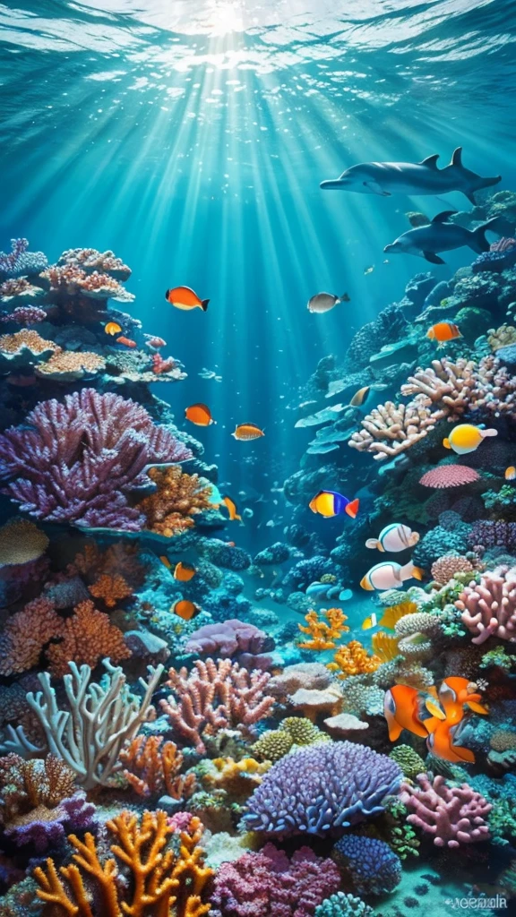 Create an underwater scene featuring a vibrant coral reef. Include a family of dolphins swimming gracefully, with intricate patterns of light reflecting off their bodies. Surround them with various colorful fish, such as angelfish and clownfish, moving harmoniously. The background should depict a beautiful seascape with coral formations and sea plants, creating a magical and serene underwater environment. Use a rich, bright color palette to enhance the liveliness of the scene, ensuring the details are crisp and realistic. The lighting should evoke a sense of depth and wonder, capturing the enchanting essence of the ocean.