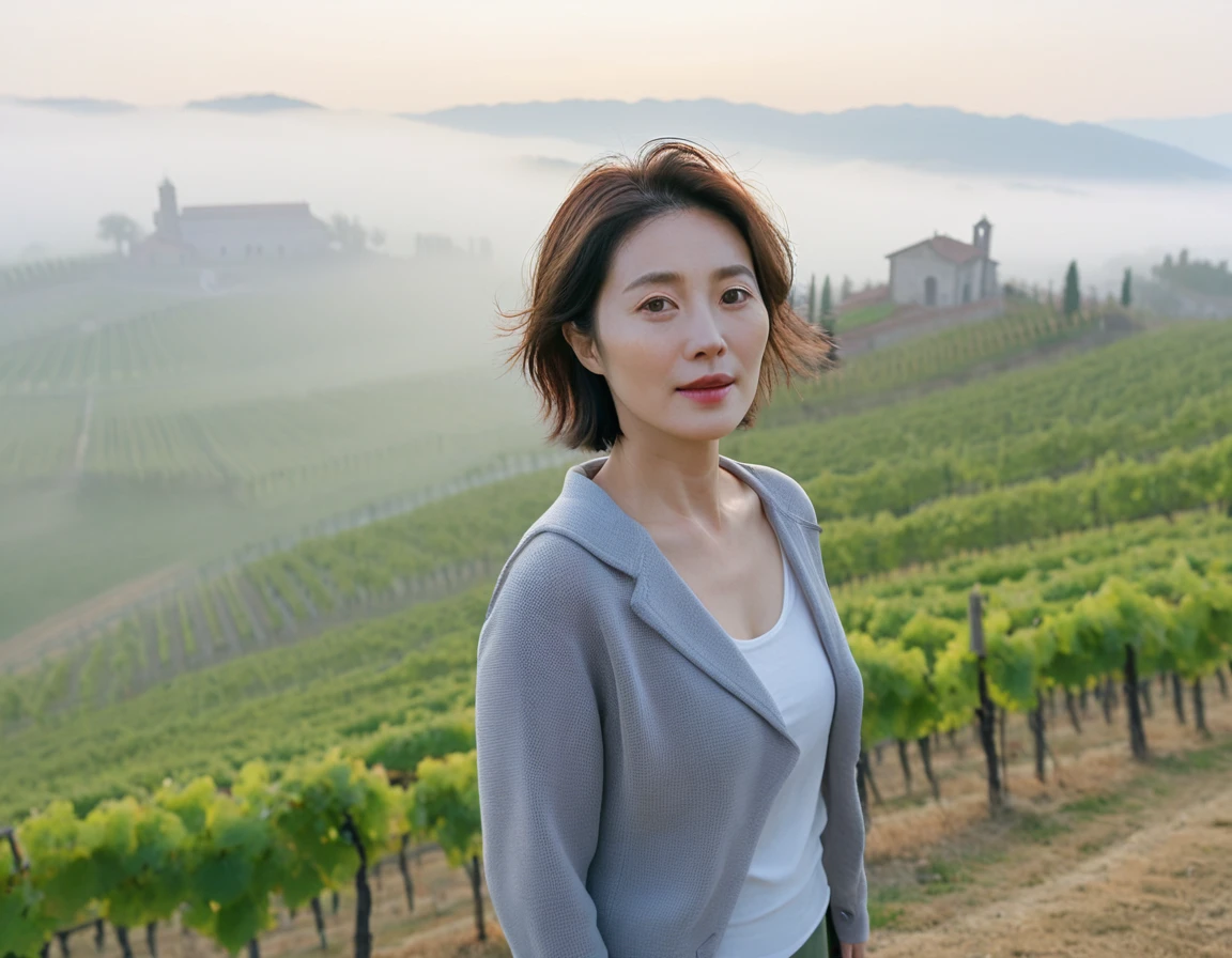 8k best picture quality, Beautiful 36-year-old Korean woman, short and nice weather. Chest size 34 inches, Dense fog at dawn in the Italian countryside, past the vineyard, The cathedral is visible in the fog in the distance., The back background is realistic and vivid quality., Short and medium hair blowing in the wind,Wear comfortable clothes for traveling, a faint smile. the background is clear, Short and slim Korean woman, stand far away, Photo taken with a wide-angle lens, Taken from a hill overlooking a misty vineyard, Full body photo taken with Canon Mark 5 camera 16-35 wide angle lens