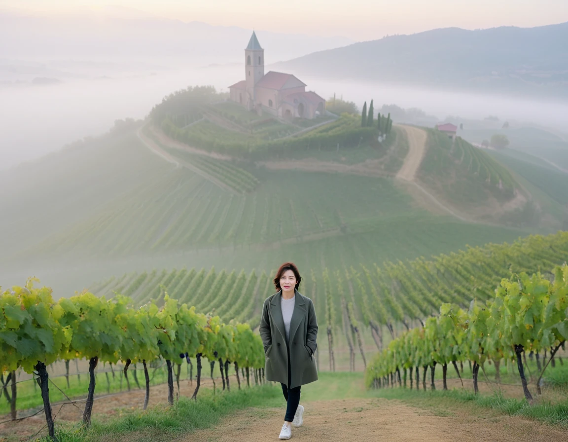 8k best picture quality, Beautiful 36-year-old Korean woman, short and nice weather. Chest size 34 inches, Dense fog at dawn in the Italian countryside, past the vineyard, The cathedral is visible in the fog in the distance., The back background is realistic and vivid quality., Short and medium hair blowing in the wind,Wear comfortable clothes for traveling, a faint smile. the background is clear, Short and slim Korean woman, stand far away, Photo taken with a wide-angle lens, Taken from a hill overlooking a misty vineyard, Full body photo taken with Canon Mark 5 camera 16-35 wide angle lens
