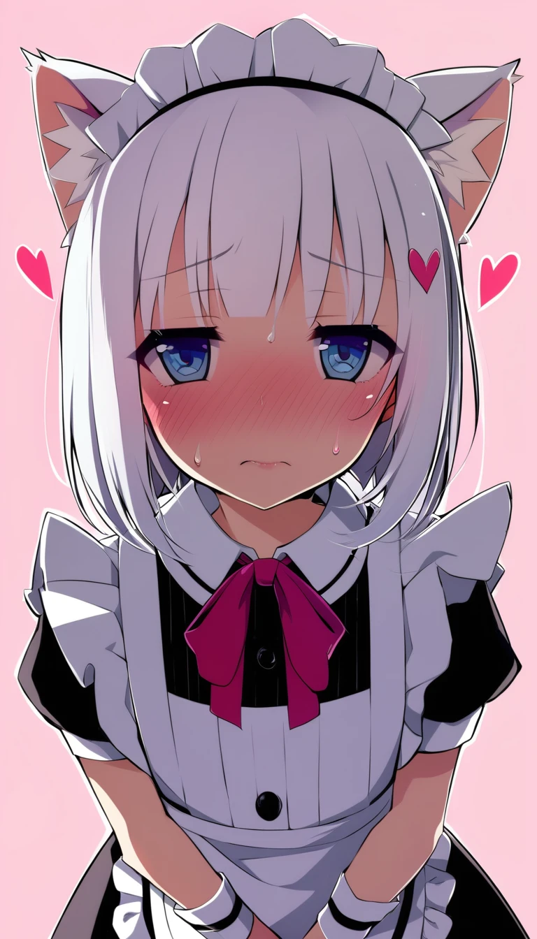 one girl, cat ears, white hair, naive, aphrodisiac, maid, light blue eyes, blush, erotic hypnosis, standing, face focus, shy, bow, heart eyes, 13 years old, girl love me, zettai ryouiki