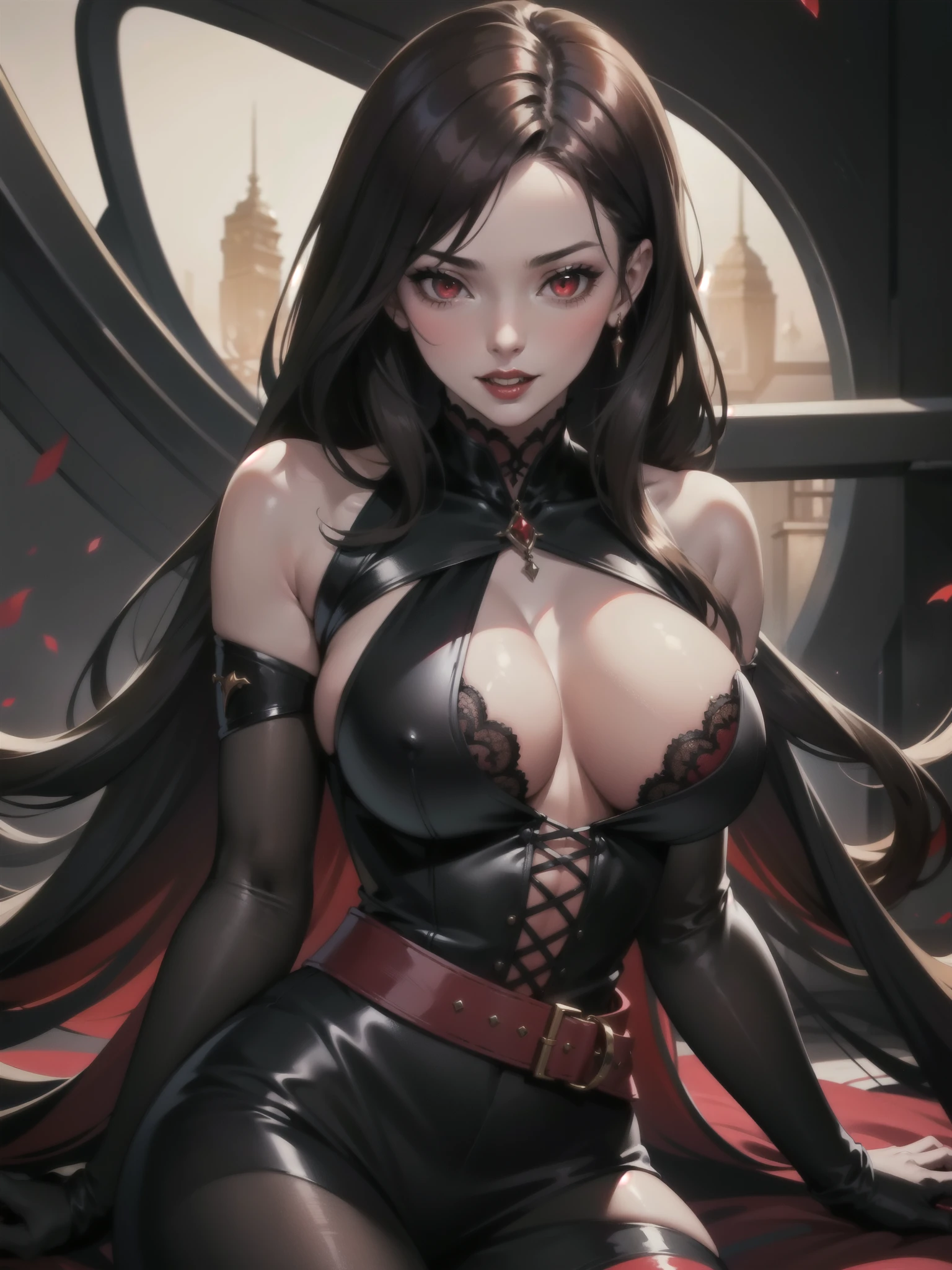 1girl, beautiful, vampire goddess, brunette very long hair, red eyes, wearing a sexy red and black dress, ultrasharp, looking at the viewer, ((best quality)), ((masterpiece)), (detailed), perfect face, big breast, sexy pose, sexy body,
