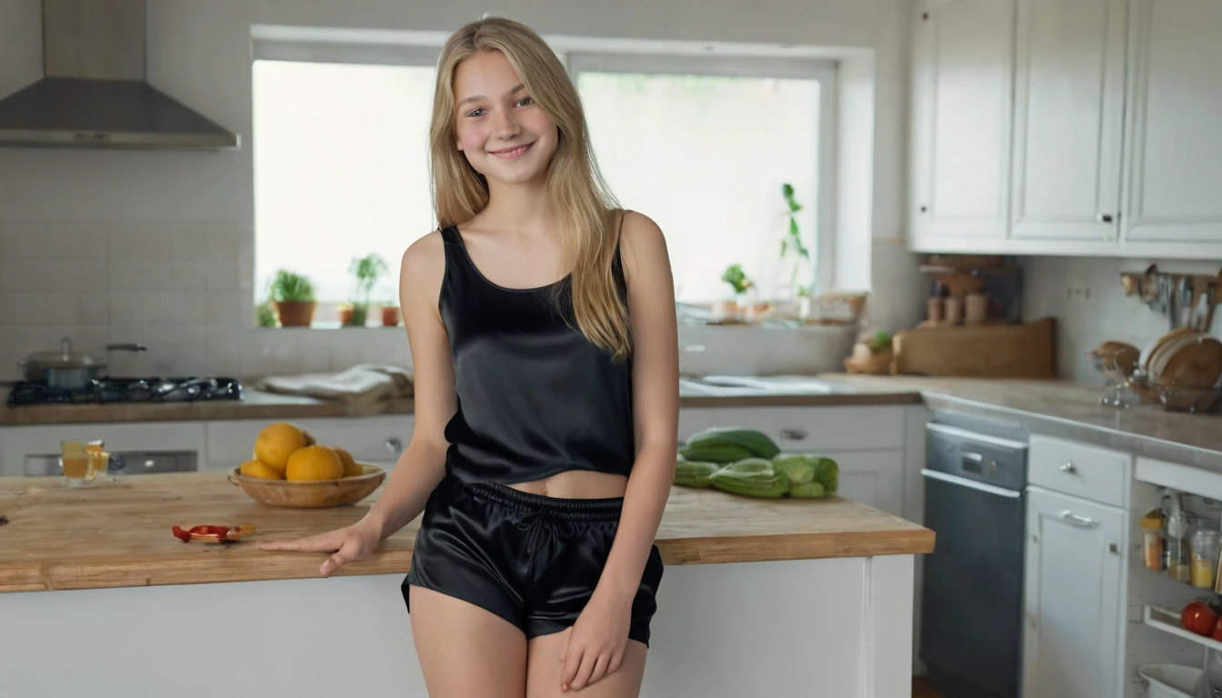 (best quality, 4k, 8k, high resolution, masterpiece: 1.2), ultra-detailed, full body, (realistic, photorealistic, photorealistic: 1.37), hyperrealistic art, detailed background, a girl , beautiful fair skin with European features, long blonde hair, wearing black silk shorts, wearing black silk tank top, in the kitchen, with her back to the viewer, looking over her shoulder at the viewer, leaning against the kitchen table, looking at the viewer, smiling at the viewer.