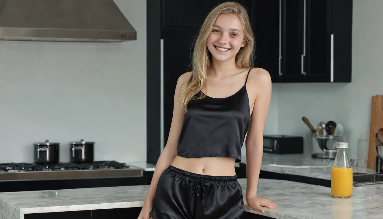 (best quality, 4k, 8k, high resolution, masterpiece: 1.2), ultra-detailed, full body, (realistic, photorealistic, photorealistic: 1.37), hyperrealistic art, detailed background, a 15 year old girl , beautiful fair skin with European features, long blonde hair, wearing black silk shorts, wearing black silk tank top, in the kitchen, with her back to the viewer, looking over her shoulder at the viewer, leaning against the kitchen table, looking at the viewer, smiling at the viewer.