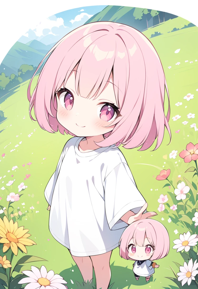 Mini character、、cute、cute、Pink Hair、Short Bob、Pink Eyes、Oversized shirt、smile、A big smile、Grassland、flower、