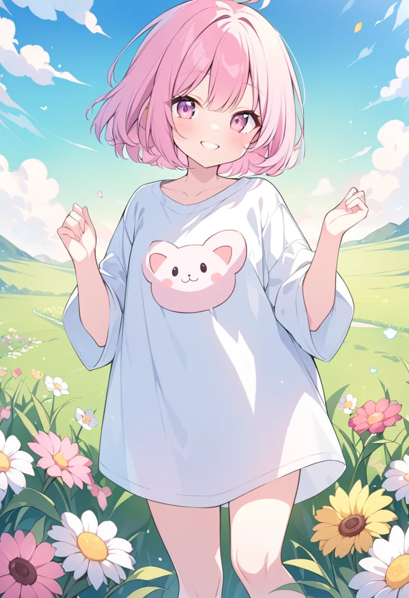 Mini character、、cute、cute、Pink Hair、Short Bob、Pink Eyes、Oversized shirt、smile、A big smile、Grassland、flower、