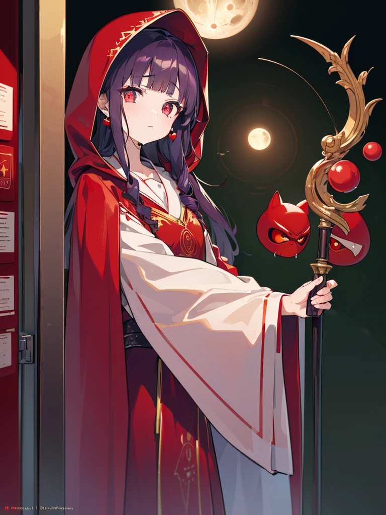 ((((Princess of Moonberg)))), ((1***********)), ((drooing eyes)),(((deep purple hair))), ((Blunt bangs)), (Fluffy long hair), (Deep red eyes), Pearl earrings,
((((red hood)))), (Lotto emblem on hood), (((Red Stall))),  ((White robe with red edging)),  
Holding a magic staff in her left hand, cowboy shot,
