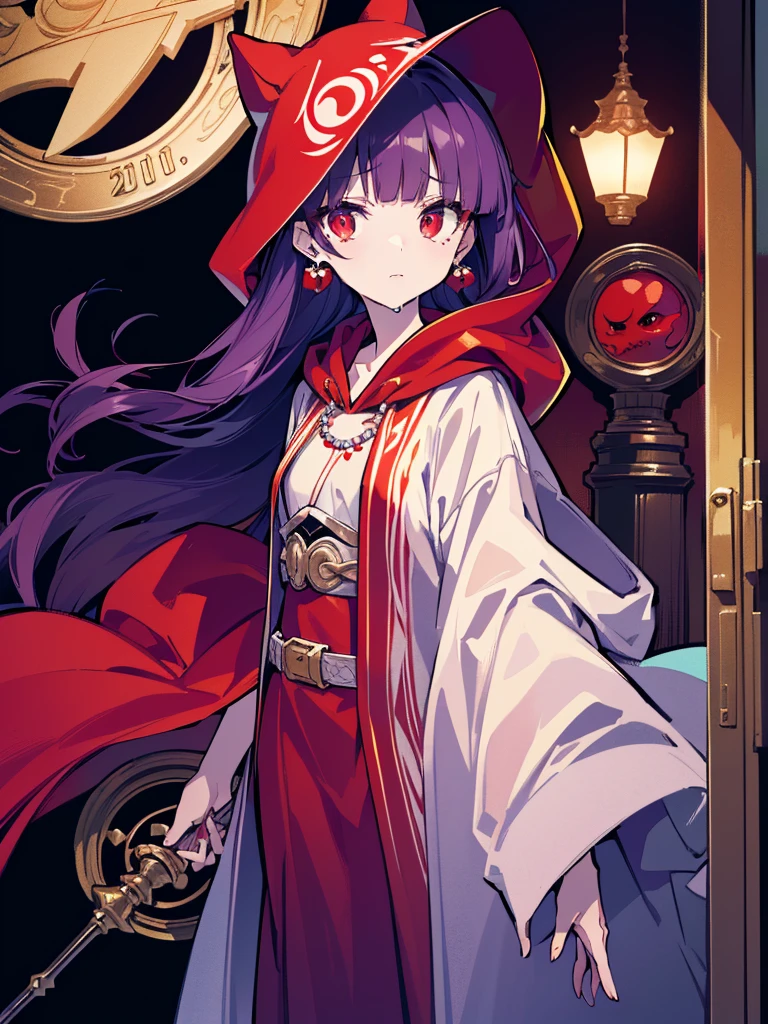 ((((Princess of Moonberg)))), ((1little girl)), ((drooing eyes)),(((deep purple hair))), ((Blunt bangs)), (Fluffy long hair), (Deep red eyes), Pearl earrings,
((((red hood)))), (Lotto emblem on hood), (((Red Stall))),  ((White robe with red edging)),  
Holding a magic staff in her left hand, cowboy shot,
