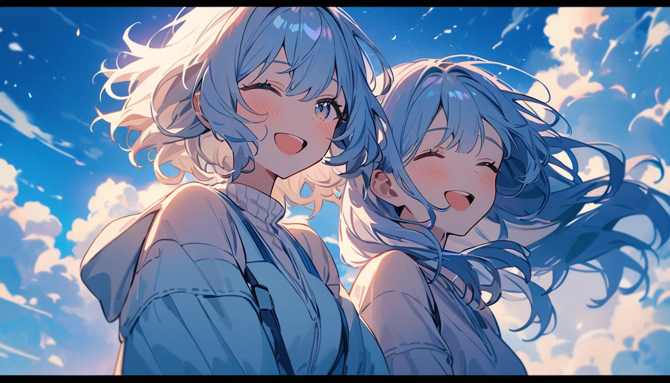 masterpiece, Highest quality, Movie stills, 1 Girl, Cloud Girl,Two Girls, Two good friends , Floating in the sky, close, bright, Happy, Warm and soft lighting, blue sky, (spark:0.7)