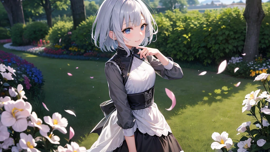 Ultra HD,Look at the viewers, Put your hands behind your back, With a girl, 20-year-old, 非常にShort Hair, Long bangs between the eyes, Pale blue eyes, Very detailed,(masterpiece、Highest quality),Gray Hair、Laughter、Fantastic, Silver Hair, Iris, Short hair、 Fluttering Hair、Small Face、明るいsmile、(Detailed face) ,Professional Lighting,Wonderful landscape,blue sky, sunlight,Looking down from above,Portraiture、Open your mouth、Flower Field、Her eyes were shining、Mysterious and enchanting atmosphere。With AI Painting、とてもShort Hair, Long bangs between the eyes, Very detailed,(masterpiece、Highest quality)、alone、Gray Hair、Fantasy, Silver Hair, Fantasyな風景、White shirt、smile、Open your mouth、short hair、Short Hair、hairpin、black eye、Grey Eyes、Beautiful Eyes、