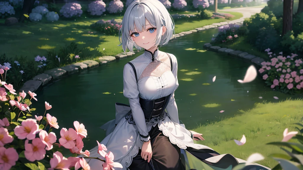 Ultra HD,Look at the viewers, Put your hands behind your back, With a girl, 20-year-old, 非常にShort Hair, Long bangs between the eyes, Pale blue eyes, Very detailed,(masterpiece、Highest quality),Gray Hair、Laughter、Fantastic, Silver Hair, Iris, Short hair、 Fluttering Hair、Small Face、明るいsmile、(Detailed face) ,Professional Lighting,Wonderful landscape,blue sky, sunlight,Looking down from above,Portraiture、Open your mouth、Flower Field、Her eyes were shining、Mysterious and enchanting atmosphere。With AI Painting、とてもShort Hair, Long bangs between the eyes, Very detailed,(masterpiece、Highest quality)、alone、Gray Hair、Fantasy, Silver Hair, Fantasyな風景、White shirt、smile、Open your mouth、short hair、Short Hair、hairpin、black eye、Grey Eyes、Beautiful Eyes、