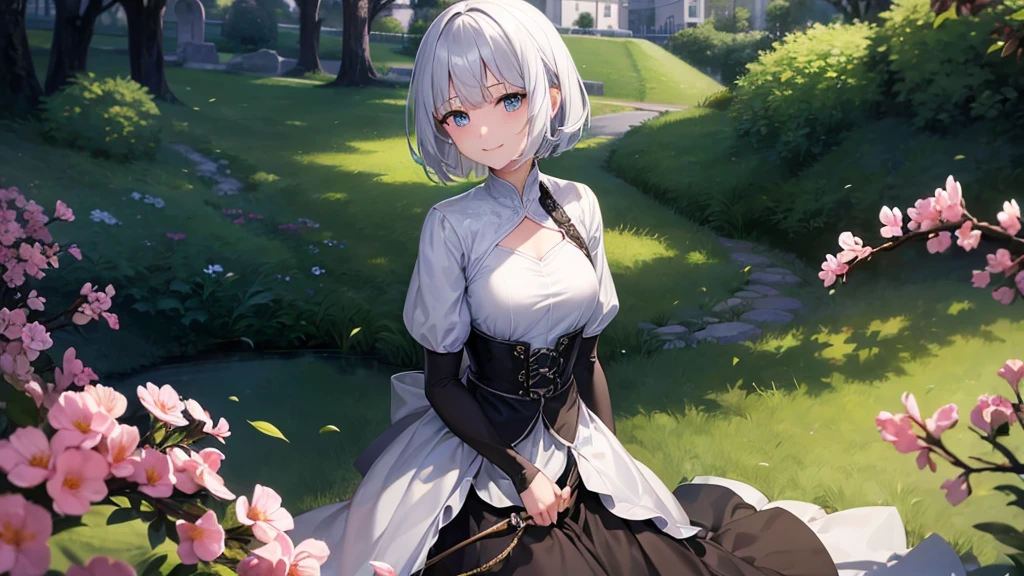 Ultra HD,Look at the viewers, Put your hands behind your back, With a girl, 20-year-old, 非常にShort Hair, Long bangs between the eyes, Pale blue eyes, Very detailed,(masterpiece、Highest quality),Gray Hair、Laughter、Fantastic, Silver Hair, Iris, Short hair、 Fluttering Hair、Small Face、明るいsmile、(Detailed face) ,Professional Lighting,Wonderful landscape,blue sky, sunlight,Looking down from above,Portraiture、Open your mouth、Flower Field、Her eyes were shining、Mysterious and enchanting atmosphere。With AI Painting、とてもShort Hair, Long bangs between the eyes, Very detailed,(masterpiece、Highest quality)、alone、Gray Hair、Fantasy, Silver Hair, Fantasyな風景、White shirt、smile、Open your mouth、short hair、Short Hair、hairpin、black eye、Grey Eyes、Beautiful Eyes、