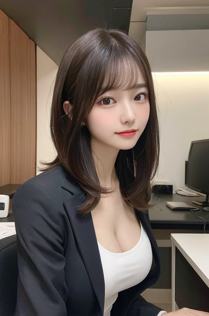 (8k, RAW photo, top quality, masterpiece: 1.2), (realistic, photorealistic: 1.37), ultra detail, ultra high resolution, one girl, beholder, beautiful detailed face, smile, constriction, (slim waist): 1.3), beautiful detailed skin, skin texture, floating hair, professional lighting, Japanese beautiful girl, long hair, bob cut, beautiful hair, , attractive breasts, (huge breasts:1.2), beautiful shape breasts, full body from toes to head, standing, Shift gaze away, gaze into the distance, natural color hair, color inner hair, office staff suit, business suit