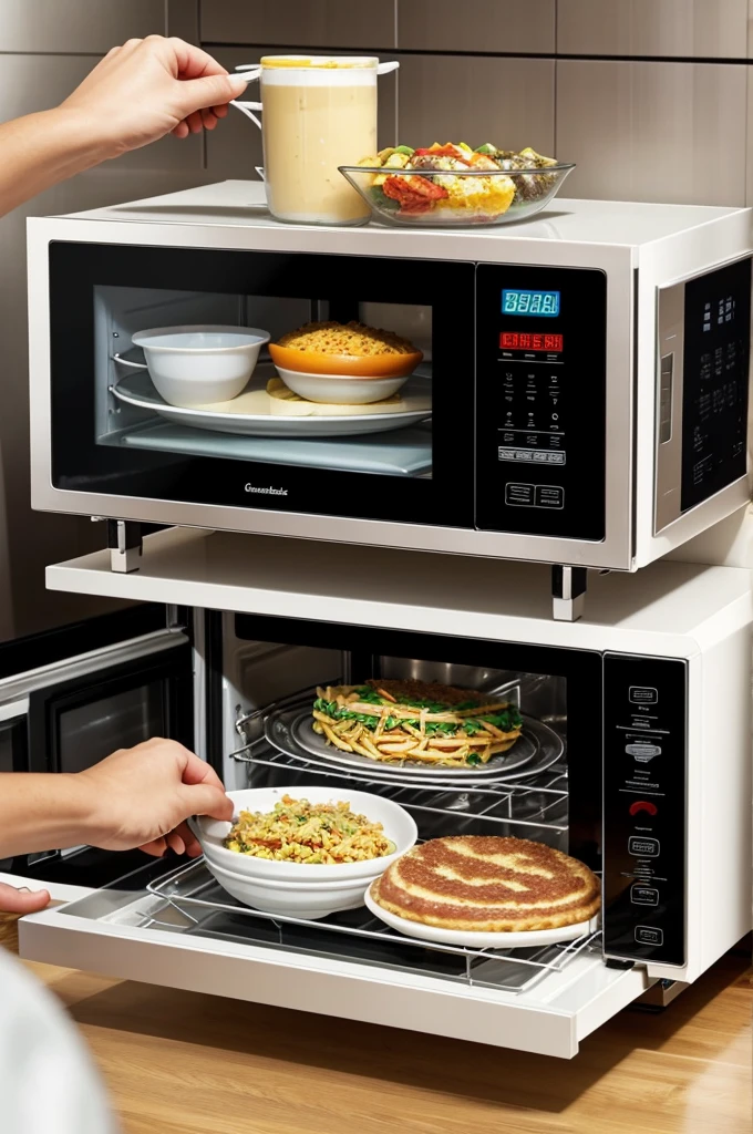 I want a food organizer that is in a modern microwave format in your kitchen, with a bright touch screen that shows you all the available options. You can select between different types of foods, set cooking temperature and time by simply touching the screen.