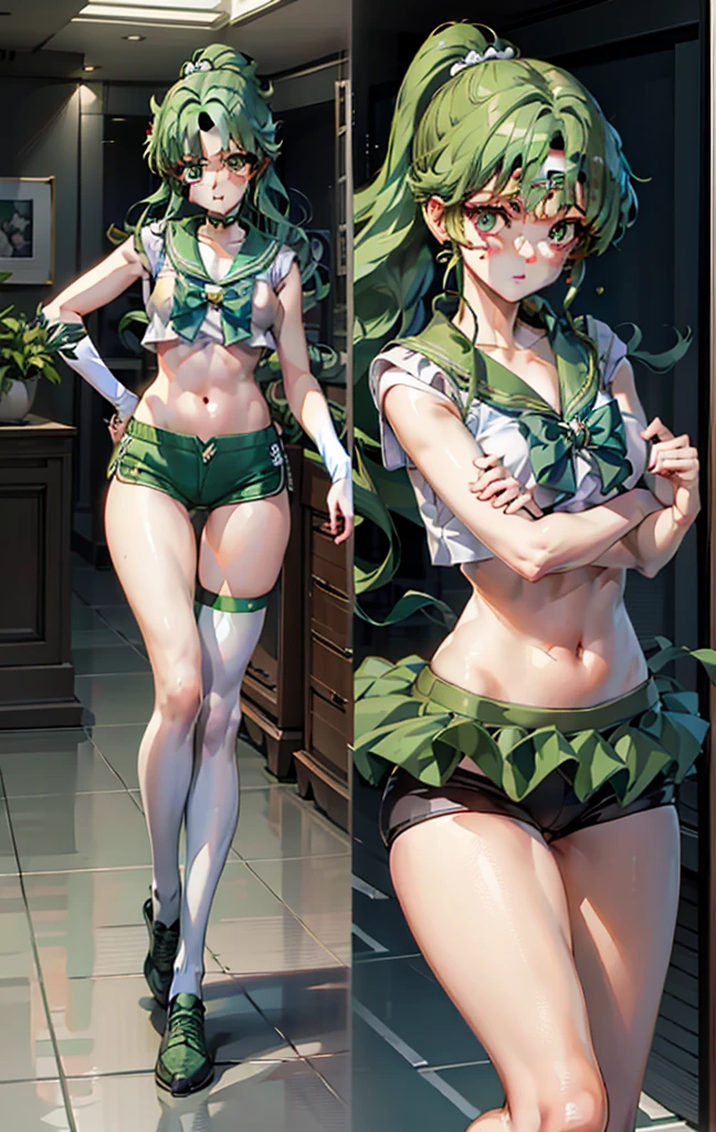 Tabletop, Highest quality, One Girl, (Sailor Neptune),Green Hair, (Green Eyes:1.2),((sporty))、((Bike Pants))、Hair length、((Embarrassed expression))、((Bedroom))、((Backward view))、(())、((Thigh-high socks))