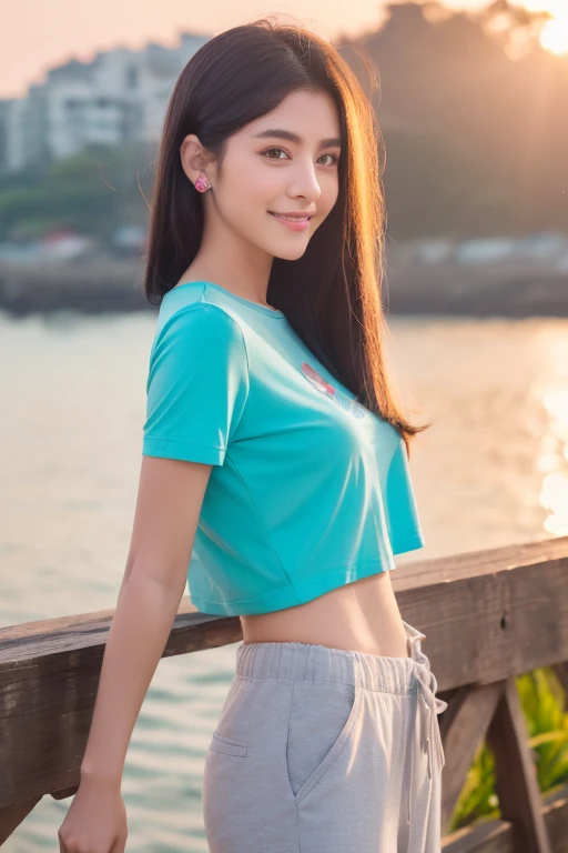 (8K, RAW photograph, Highest quality, masterpiece:1.3),(Genuine,photograph:1.37),(Looking at the audience:1.331),(Black Hair),Pause,Beachfront,Morning view,sunrise,sunny,One girl,Very beautiful face,small,Hands down,Pony Hairstyle,Hair weight,Fluffy hair,Shoulder length,Straight hair,Random representation,Smile with the corners of your mouth,Big eyes,(T-Shirts,Round Collar,Short sleeve,Opaque color,Shirt color),(Wear pants),Mix 4,Hair accessories are not permitted,Highest quality Hair