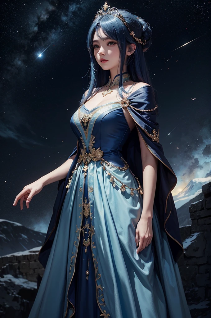 Blue haired girl character、Night scene with starry sky background、Wearing a gorgeous dress、Subtle details、A fantastic atmosphere、Anime style