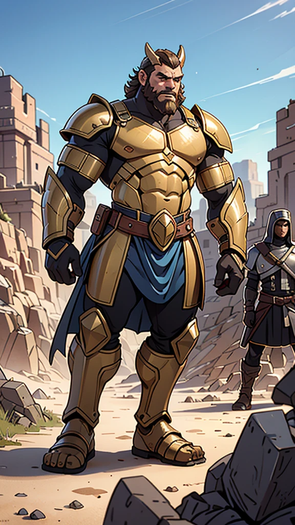 "A towering giant named Goliath, in shining bronze armor, challenging the great Israelite army on a battlefield. The Israelite Soldiers watching in fear and surprise."