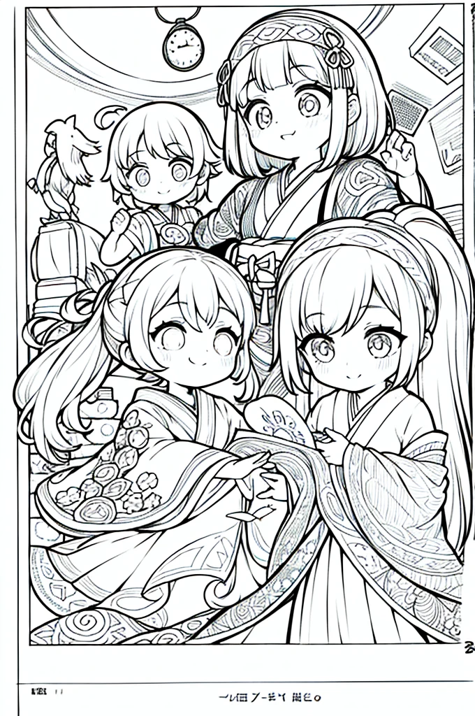 coloring pages, simplified zentangle, coloring book outline, black and white only, no outline, intricate designs, coloring book, celtic design, intricate lines, no gradients, Chibi, best quality, paper doll, shadow puppet, one girl, stained glass background, clockpunk, Andersen, Create a baby chibi version of the Alice character in an 8K resolution. A girl with a ponytail is wearing a kimono with a crane pattern, practicing kendo in a dojo, and wearing a headband as a hair accessory, It's sunny, Detailed eyes, clear outlines, kawaii pose, A smile, Raise your right hand, Eye Up, Laugh, radiant light, Taken from the side. She should look adorable and cute. Give him a smiling expression and a sweet smile on his face, capturing the essence of the character in a delicate and charming way.